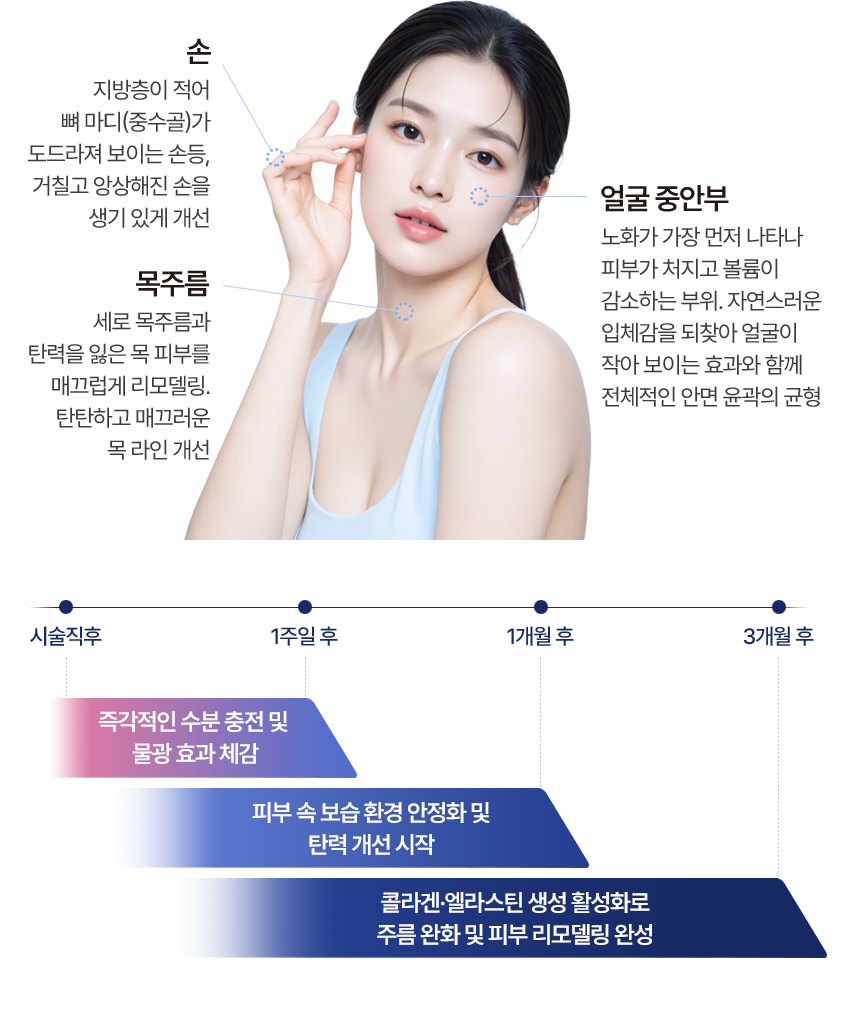 手部 – 因脂肪層較少，導致骨節（掌骨）顯得突出的手背，以及粗糙、乾瘦的手部，都能透過治療恢復生氣的狀態。| 臉部中間區域 – 這是老化最先表現出的部位，皮膚會鬆弛且缺乏膨脹感。透過恢復自然的立體感，不僅能讓臉部看起來更小，還能平衡整個臉部的輪廓。| 頸部皺紋 – 能夠平滑處理縱向的頸部皺紋，以及失去彈性的頸部皮膚，讓頸部線條更加緊實光滑。