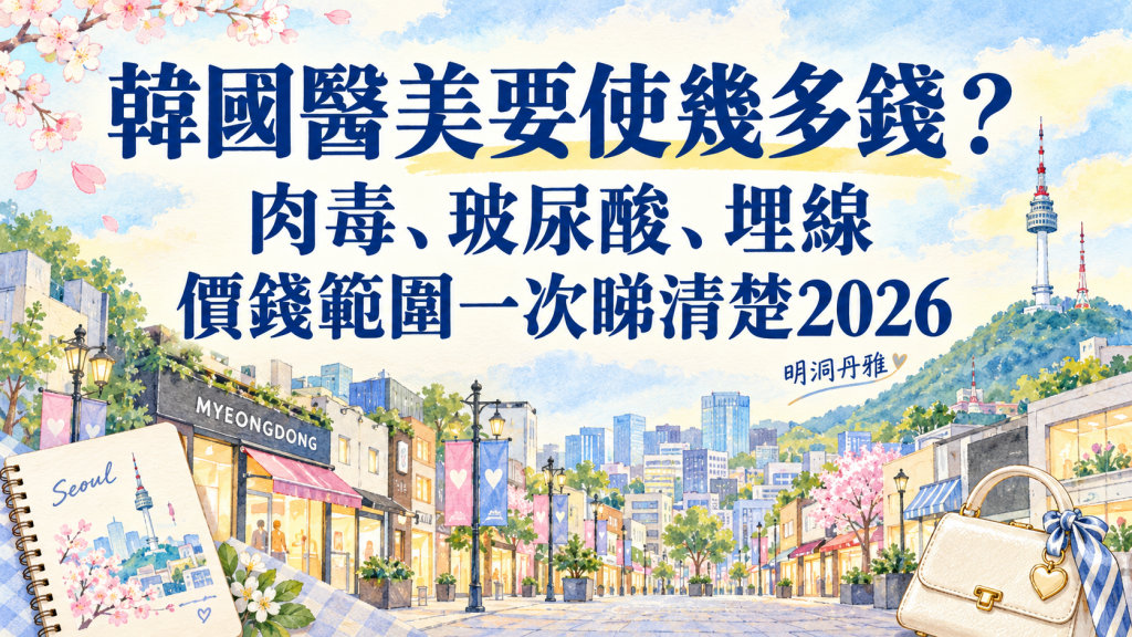 韓國醫美要使幾多錢？肉毒、玻尿酸、埋線價錢範圍一次睇清楚2026｜明洞丹雅 封面插畫（明洞街景與南山塔水彩畫）